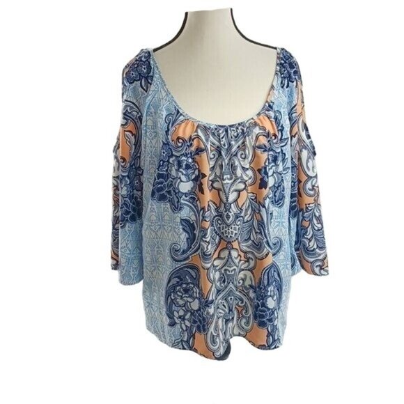 Gibson Latimer Womens Medium Blouse Blue Orange Cold Shoulder Boho Top - Picture 1 of 7
